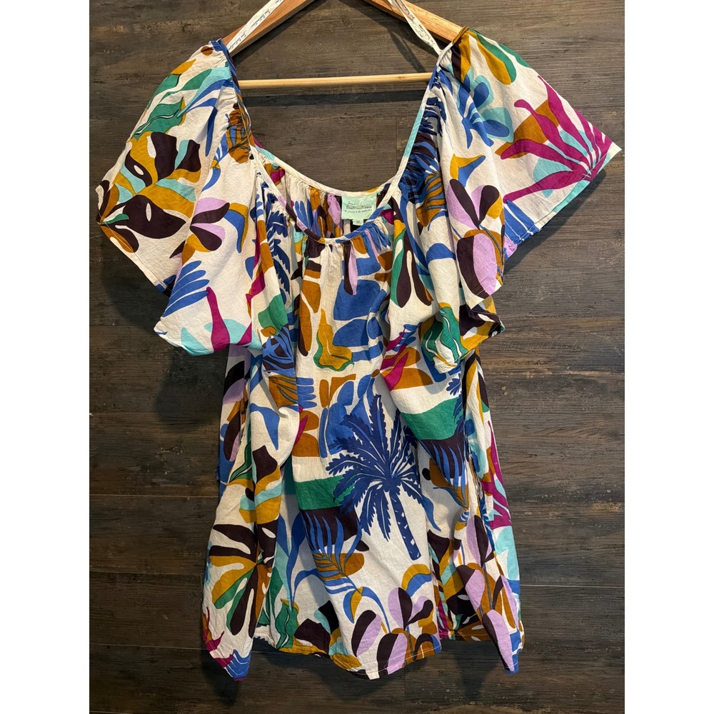 True Destinations Tropical Palm Print Cotton Blouse Blue Teal Purple Tassel M